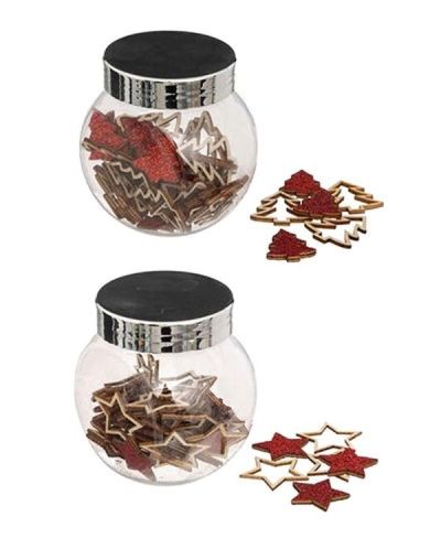 Weihnachtsglas Mit Verschiedenen Gebrannten Konfetti In Rotem Holz