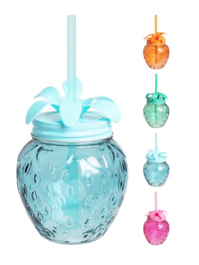 Bicchiere Di Vetro Con Cannuccia E Coperchio 460Ml - Assortito