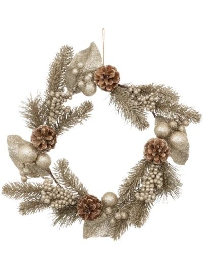 Couronne De Noël Décorative Doré Avec Branches De Pin Et Baies 40Cm