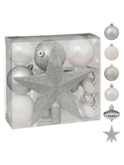 Set Für Weihnachtsbaumschmuck Silber/Weiß 18 Stück 