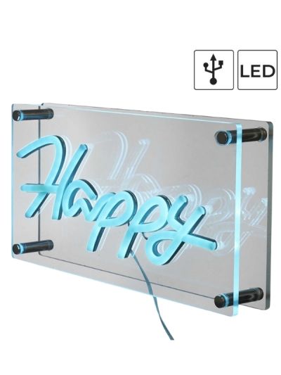  Luce Déco Acrilica Effetto Neon Scritta Happy 30X15Cm