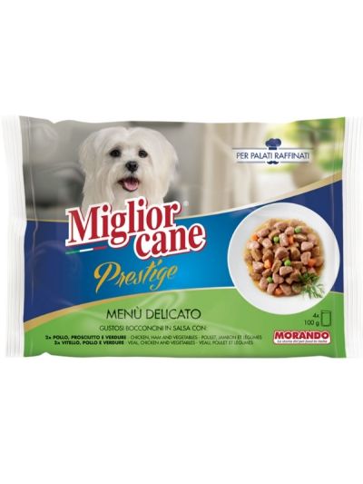 MIGLIOR CANE Prestige Morceaux En Sauce Gibier/Foie Et Agneau/Canard 4X100G