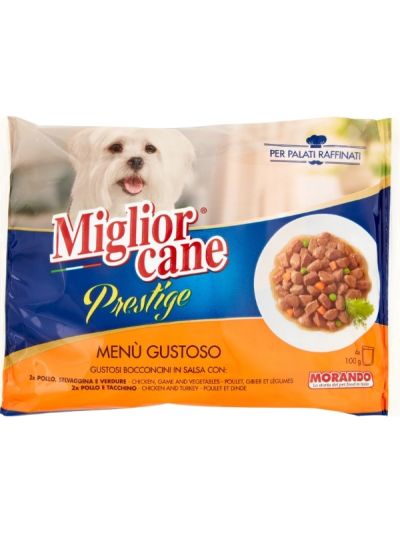 MIGLIOR CANE Prestige Morceaux En Sauce Gibier/Légumes Et Poulet/Dindon 4X100G