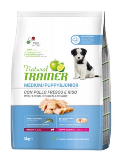 NATURAL TRAINER Medium Hund Puppy E Junior (+2 Monate) Frisches Huhn Und Reis 3Kg