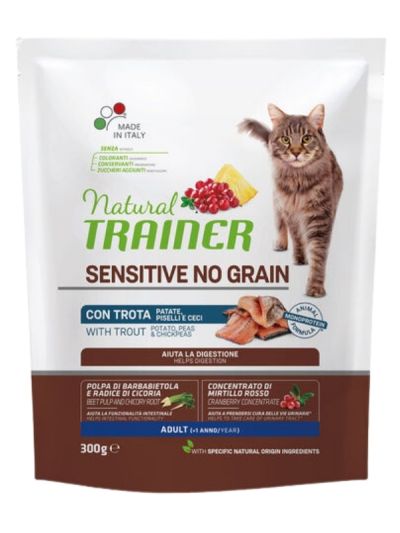 NATURAL TRAINER No Grain Gatto Adult (+1 Anno) Trota, Patate, Piselli E Ceci 300G