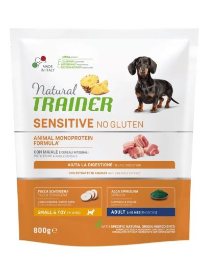NATURAL TRAINER Sensitive No Gluten Small E Toy Chien Puppy E Junior (+2 Mois) Porc Et Céréales Complètes 800G