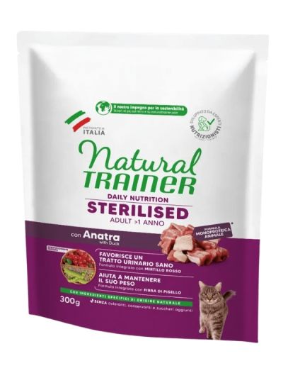 NATURAL TRAINER Sterilized Gatto Adult (+1 Anno) Anatra E Fibra Di Pisello 300G