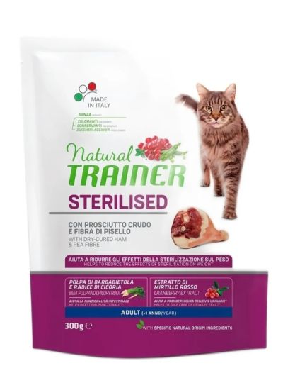 NATURAL TRAINER Sterilized Gatto Adult (+1 Anno) Prosciutto Crudo E Fibra Di Pisello 300G
