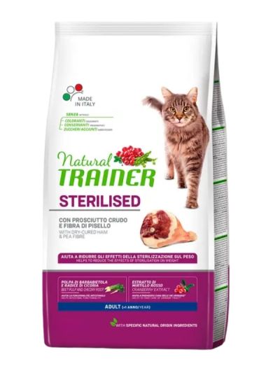 NATURAL TRAINER Sterilized Gatto Adult (+1 Anno) Prosciutto Crudo E Fibra Di Pisello 3Kg