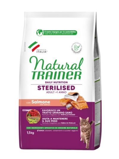 NATURAL TRAINER Sterilized Gatto Adult (+1 Anno) Salmone E Fibra Di Pisello 1.5Kg