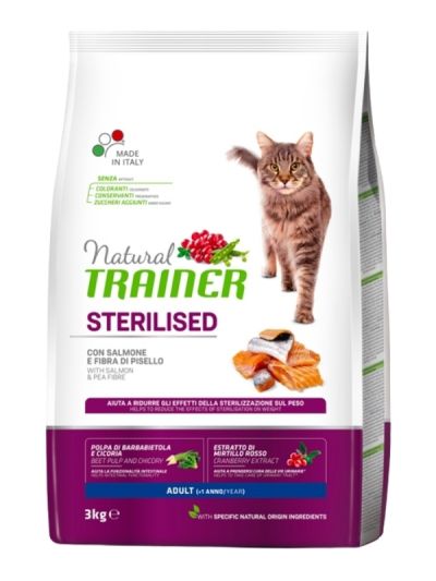 NATURAL TRAINER Sterilized Gatto Adult (+1 Anno) Salmone E Fibra Di Pisello 3Kg