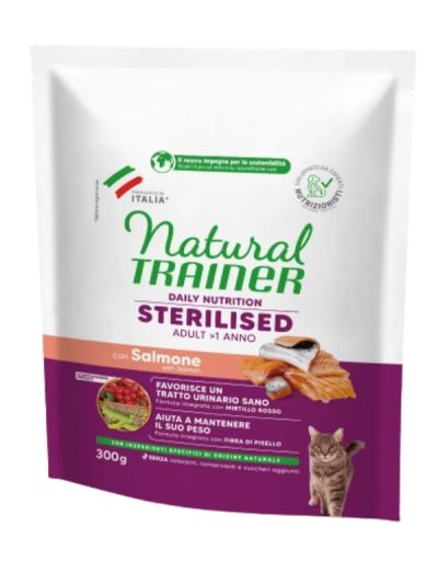 NATURAL TRAINER Sterilized Gatto Adult (+1 Anno) Salmone E Fibra Di Pisello 300G