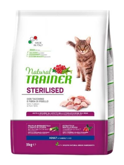 NATURAL TRAINER Sterilized Gatto Adult (+1 Anno) Tacchino E Fibra Di Pisello 3Kg