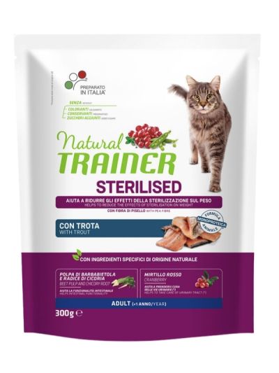 NATURAL TRAINER Sterilized Gatto Adult (+1 Anno) Trota E Fibra Di Pisello 300G