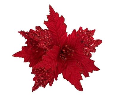 Dekorativer Zweig Mit Samtigem Weihnachtsstern Und Pailletten 20X23Cm - Kunstblume