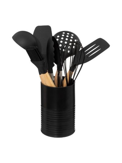 Set Di 7 Utensili Con Contenitore Manico Legno 10x30cm